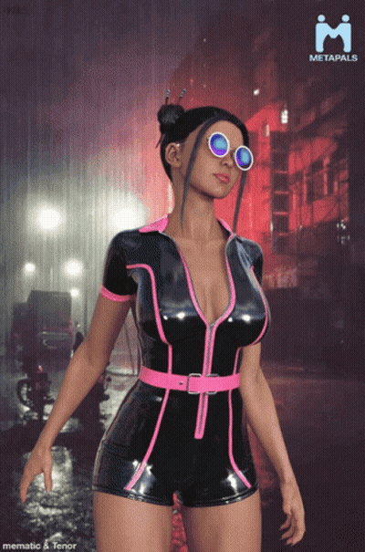 Woman in Sunglasses and Black Pink Outfit in Front of Metapals Poster
