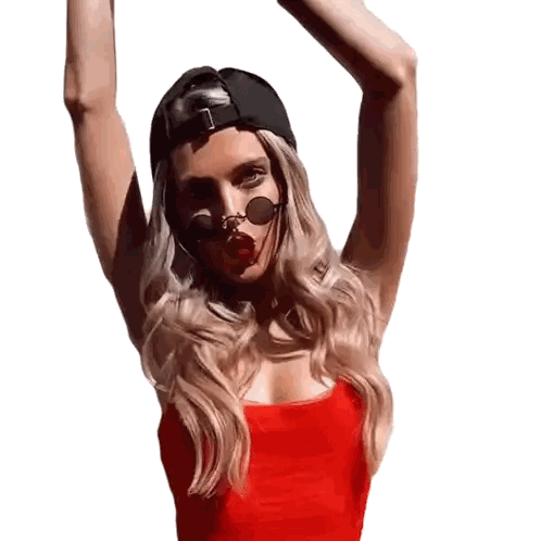 Woman In Sunglasses And Cap Raising Arms Sticker