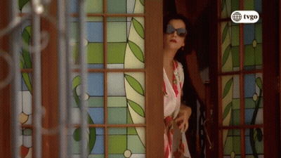 Woman In Sunglasses By Stained Glass With TVGO Logo GIF