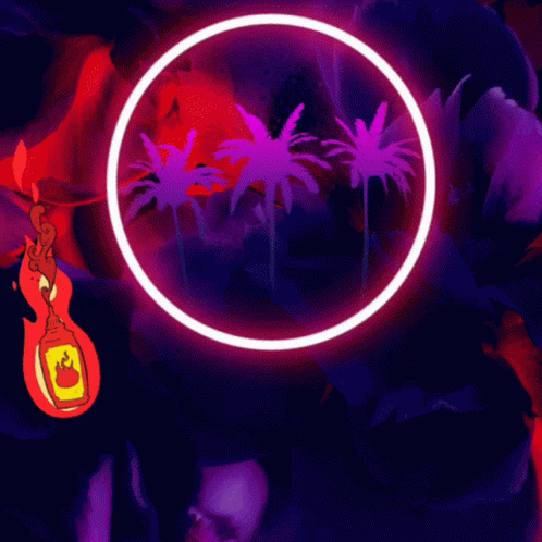 Woman In Sunglasses In Front Of Neon Circle With Flaming Object GIF