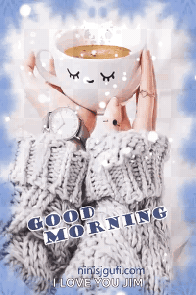 Woman In Sweater Holding Coffee Saying Good Morning GIF