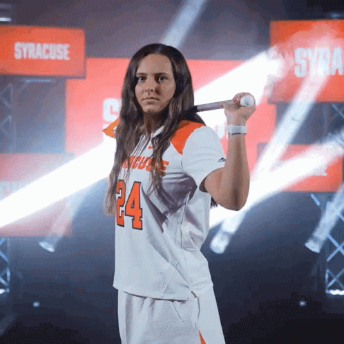 Woman In Syracuse Jersey Holding Bat GIF