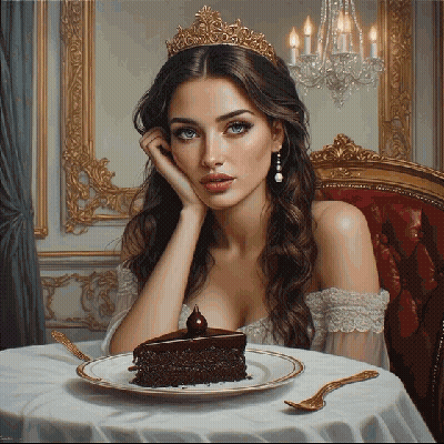 Woman In Tiara Sitting At Table With Cake GIF