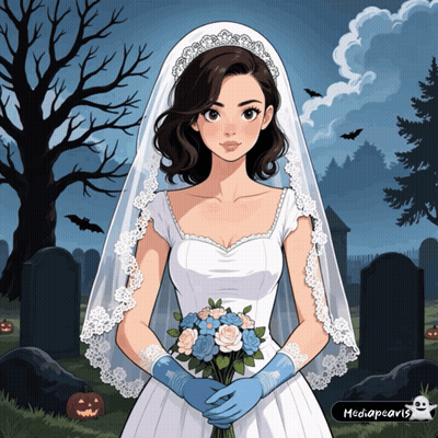Woman In Wedding Dress Holding Blue Roses GIF