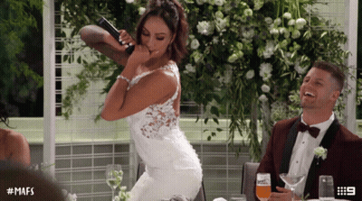 Woman In Wedding Dress Singing, Man Laughing GIF