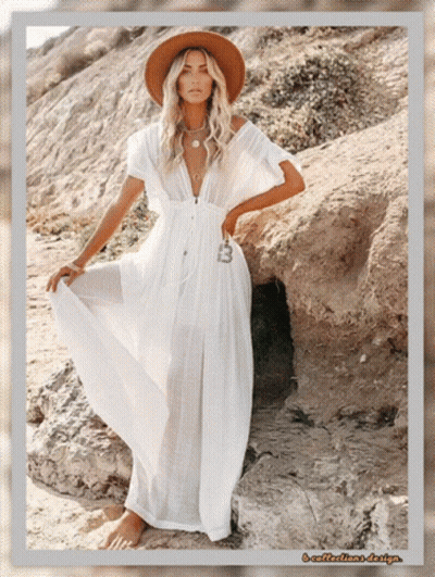 Woman In White Dress And Brown Hat On Rock GIF