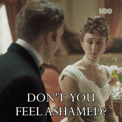 Woman In White Dress Asks Man Don't You Feel Ashamed GIF