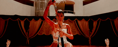 Woman In White Dress Covered In Blood Holding Bottle GIF