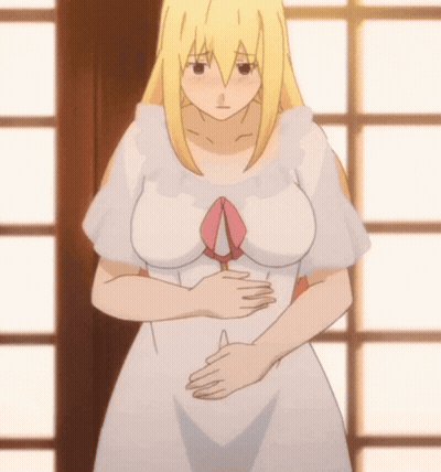 Woman In White Dress Holding Belly GIF