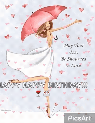 Woman In White Dress Holding Pink Umbrella And Cake GIF
