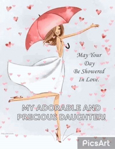 Woman In White Dress Holding Pink Umbrella With Falling Hearts GIF