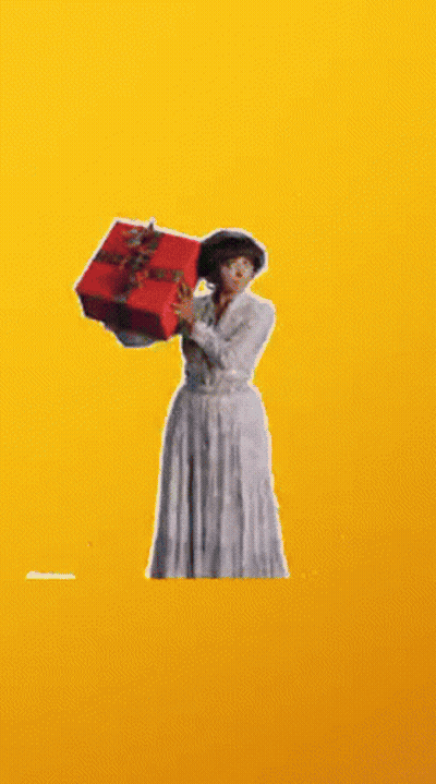 Woman In White Dress Holding Red Box On Yellow Background GIF