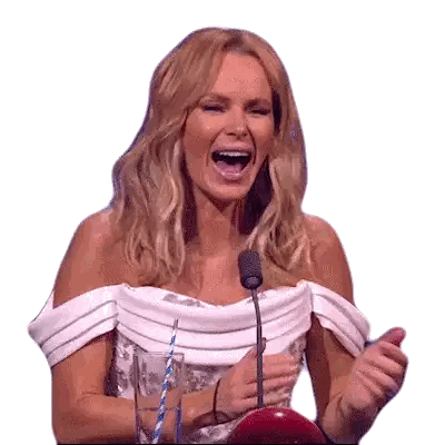 Woman In White Dress Laughing Holding Water At Microphone Sticker