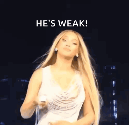 Woman In White Dress Says He's Weak GIF