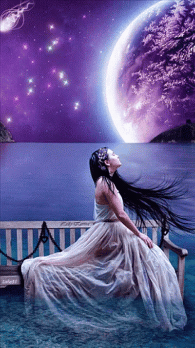 Woman In White Dress Sitting On Bench Overlooking Ocean GIF