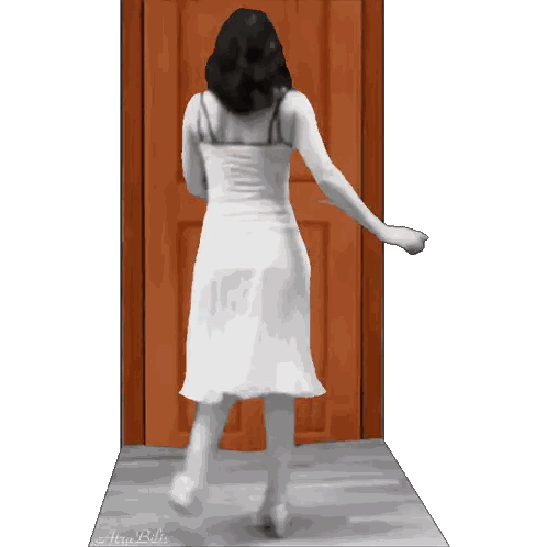 Woman In White Dress Standing By Door Sticker