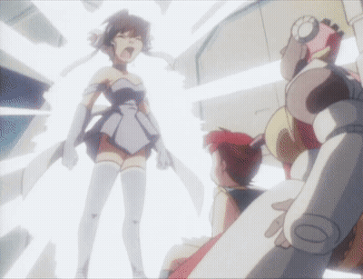 Woman In White Dress Stands Before Robot GIF