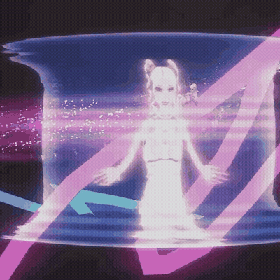 Woman In White Dress Surrounded By Pink And Blue Lights GIF