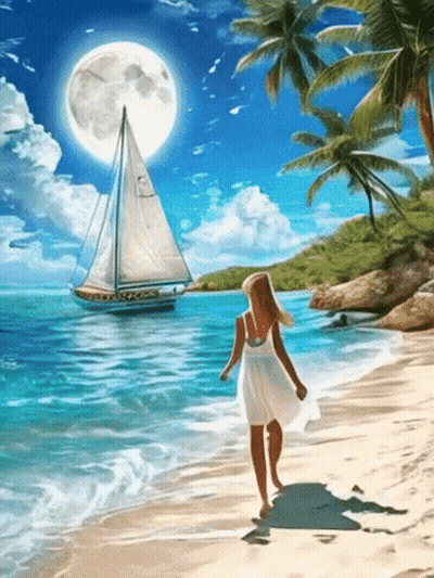 Woman In White Dress Walking On Beach With Sailboat GIF
