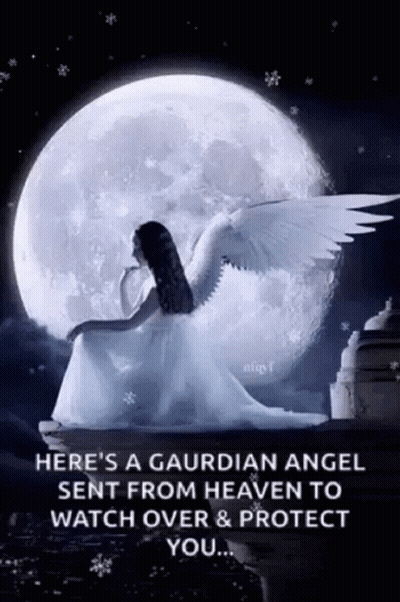 Woman In White Dress With Angel Wings Under Full Moon GIF