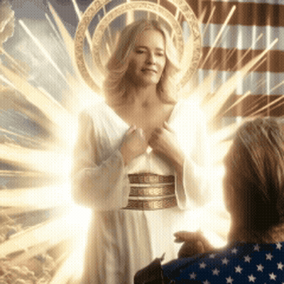 Woman In White Dress With Halo In Front Of American Flag GIF