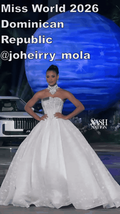Woman In White Gown In Front Of Blue Planet Miss World 2026 GIF