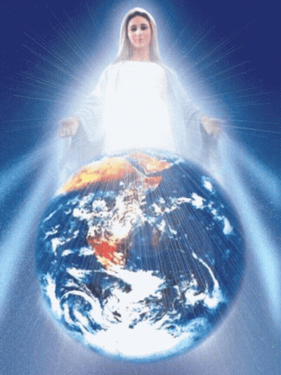 Woman In White Robe Over Blue Globe GIF