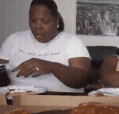 Woman In White Shirt Eating Pizza GIF