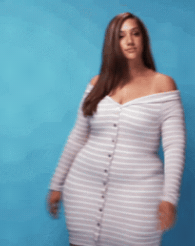 Woman In White Striped Dress On Blue Background GIF