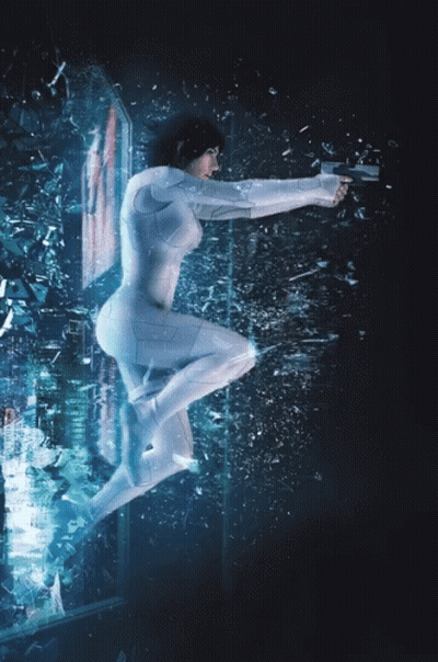 Woman In White Suit Flying With Gun GIF