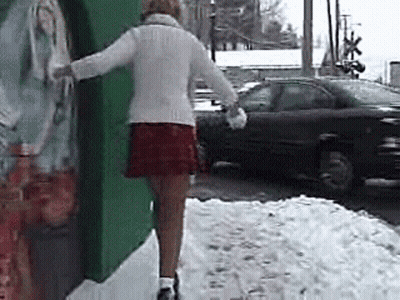 Woman In White Sweater And Red Skirt Walking In Snow GIF