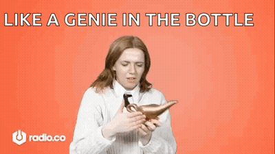 Woman In White Sweater And Tie Holding Genie Lamp Looking Up GIF