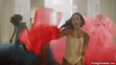 Woman In White Swimsuit Dancing With Group In Pink And Blue GIF