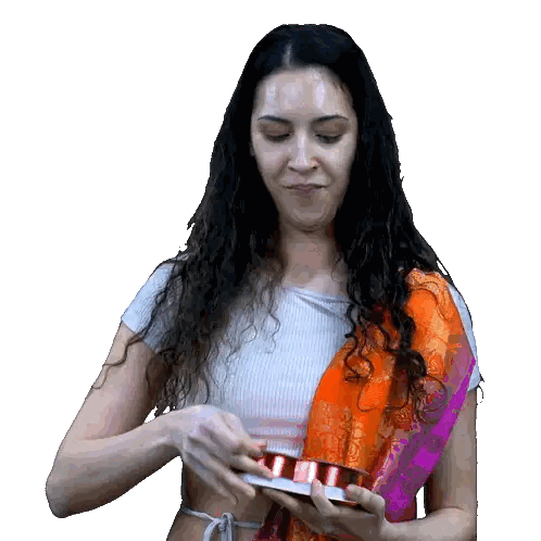 Woman In White Top And Orange Scarf Holding Red Box Sticker