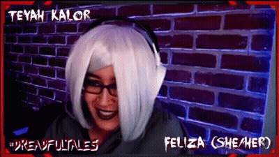Woman In White Wig And Headphones Smiling In Front Of Teyah Kalor Brick Wall GIF