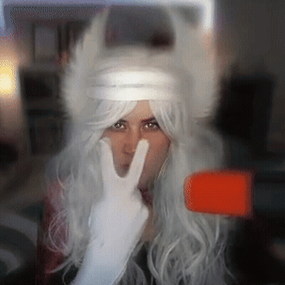 Woman In White Wig And White Gloves Giving Peace Sign GIF
