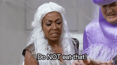 Woman In White Wig Holding Meat Saying Do Not Eat That GIF