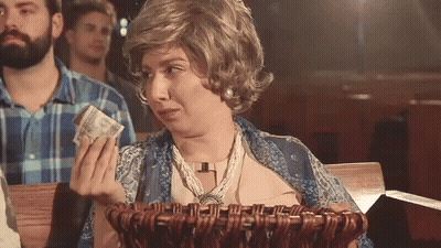 Woman In Wig Holding Basket Of Money GIF