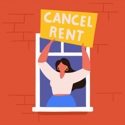 Woman In Window Holding Cancel Rent Sign GIF