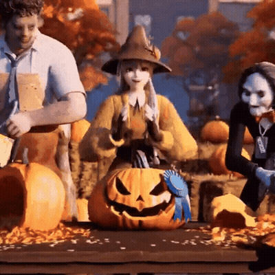 Woman In Witch Costume Sitting On Pumpkin With Blue Ribbon GIF