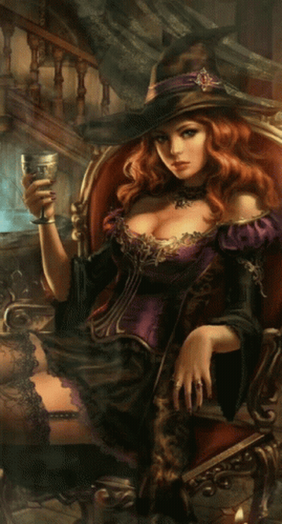 Woman In Witch Hat Holding Goblet GIF