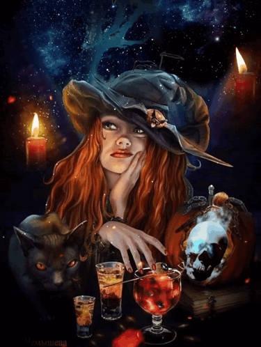 Woman In Witch Hat Next To Cat And Skull GIF