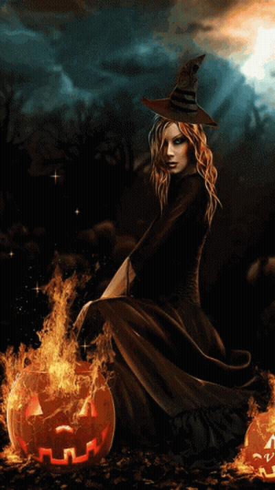 Woman In Witch Hat Next To Pumpkin GIF