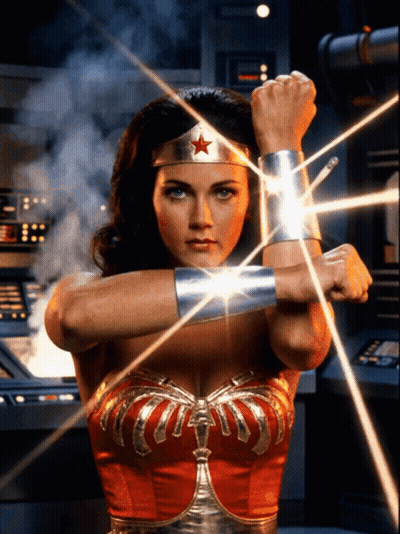 Woman In Wonder Woman Costume Holding Fist Up GIF