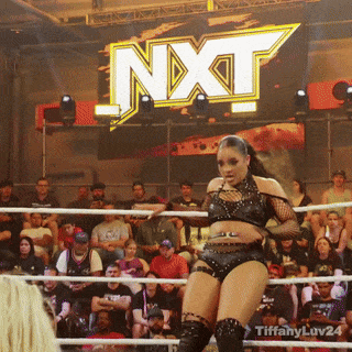 Woman In Wrestling Ring In Front Of NXT Sign GIF