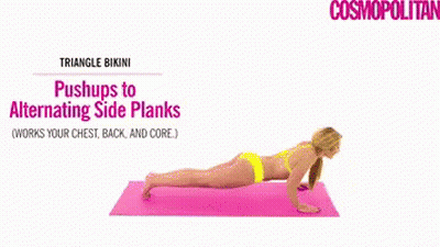 Woman In Yellow Bikini Push-Ups And Side Planks GIF