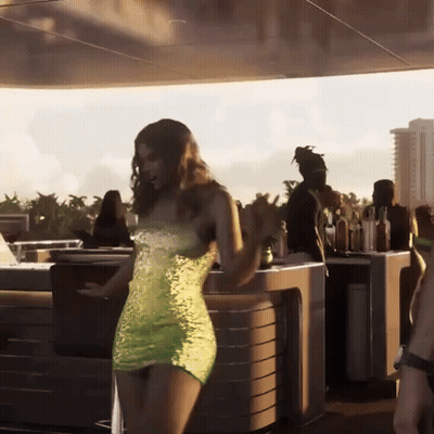 Woman In Yellow Dress Dancing In Bar GIF
