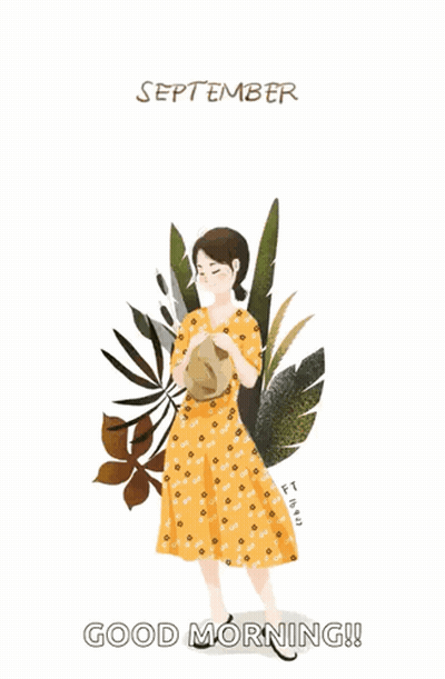 Woman In Yellow Dress Holding Potted Plant With Falling Leaves GIF