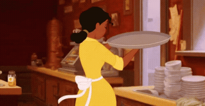 Woman In Yellow Dress Holding Tray GIF