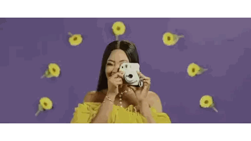 Woman In Yellow Dress Taking Selfie With White Camera Sticker
